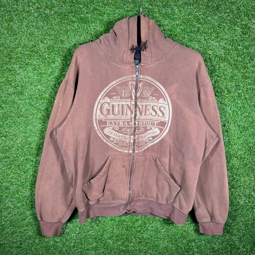 Guinness Extra Stout Mens Large Full Zip Hoodie Faded Brown‎ Distressed Y2K